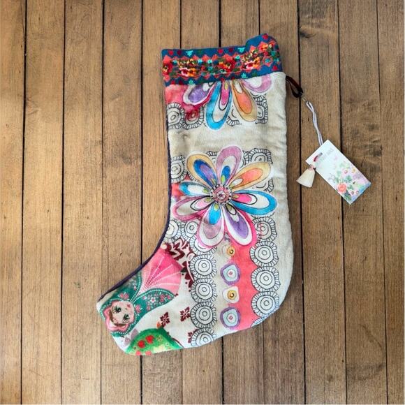 Johnny Was Other - NWT Johnny Was Reversible Pink Floral Embroidered Christmas Holiday Stocking